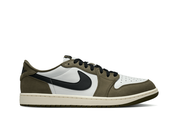 Tênis Nike Air Jordan 1 Low OG Olive Verde com detalhes em branco e verde oliva
