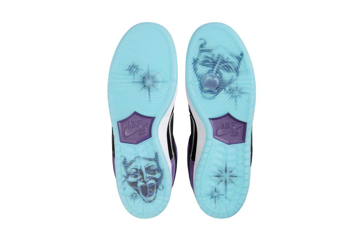 Tênis Nike SB Dunk Low Pro x Hayley Wilson em preto e roxo, com detalhes em azul.