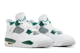 Vista frontal do Jordan Nike Air Jordan 4 Retro Oxidized Green mostrando biqueira e costuras