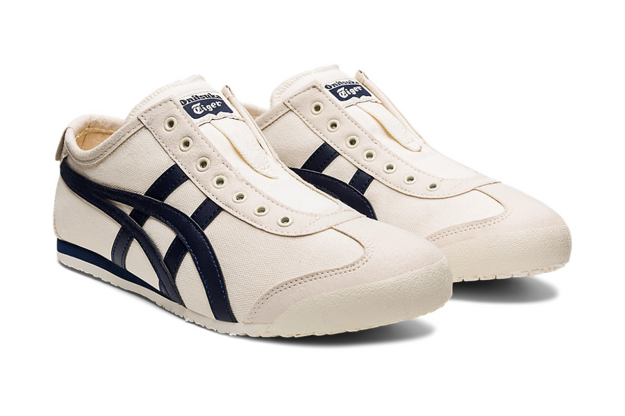 Vista traseira do Onitsuka Tiger Onitsuka Tiger Mexico 66 Slip-On Birch Midnight mostrando calcanheira e detalhes do solado