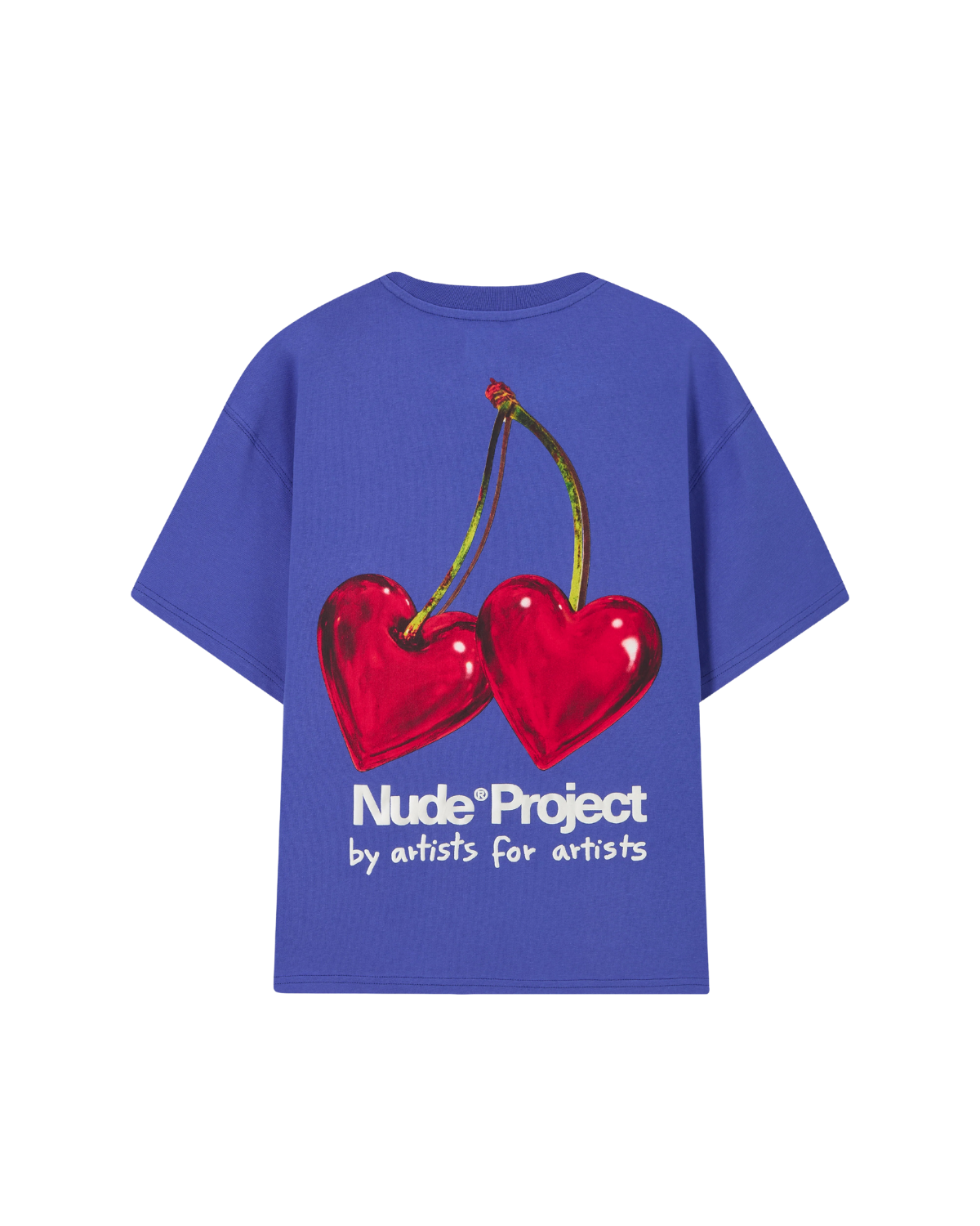 Camiseta azul Nude Project com estampa de cerejas vermelhas brilhantes