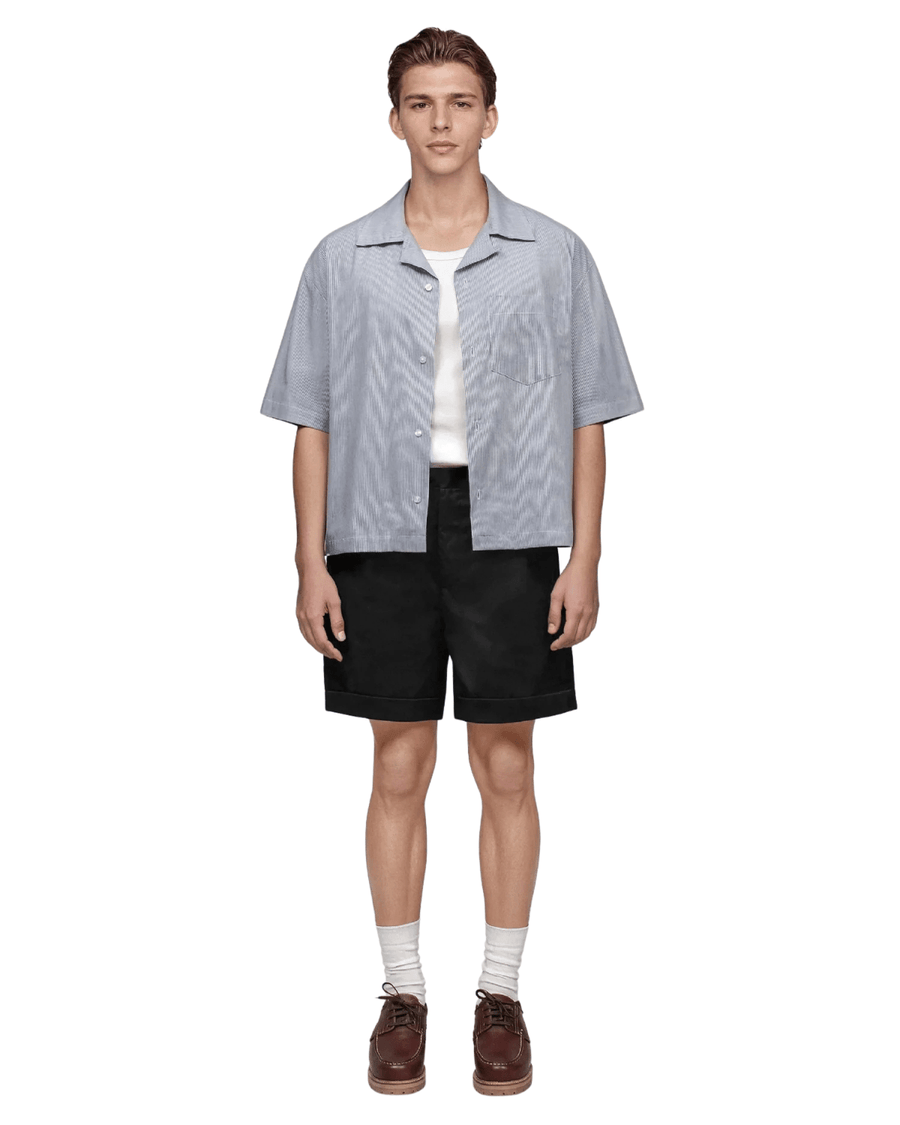 Vista lateral Camisa Manga Curta Boxy Saint Studio Egípcio Listrada Marinho