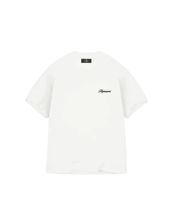 Camiseta Represent Clo Script Logo Flat White Branco, branca com logo preto
