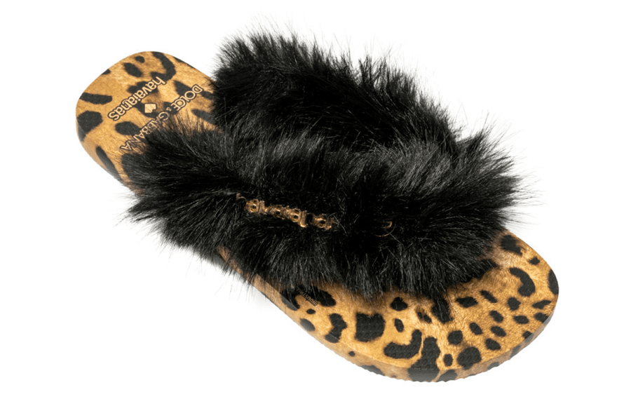 Vista lateral Chinelo Havaianas Top Dolce & Gabbana Faux Fur Leopardo Marrom