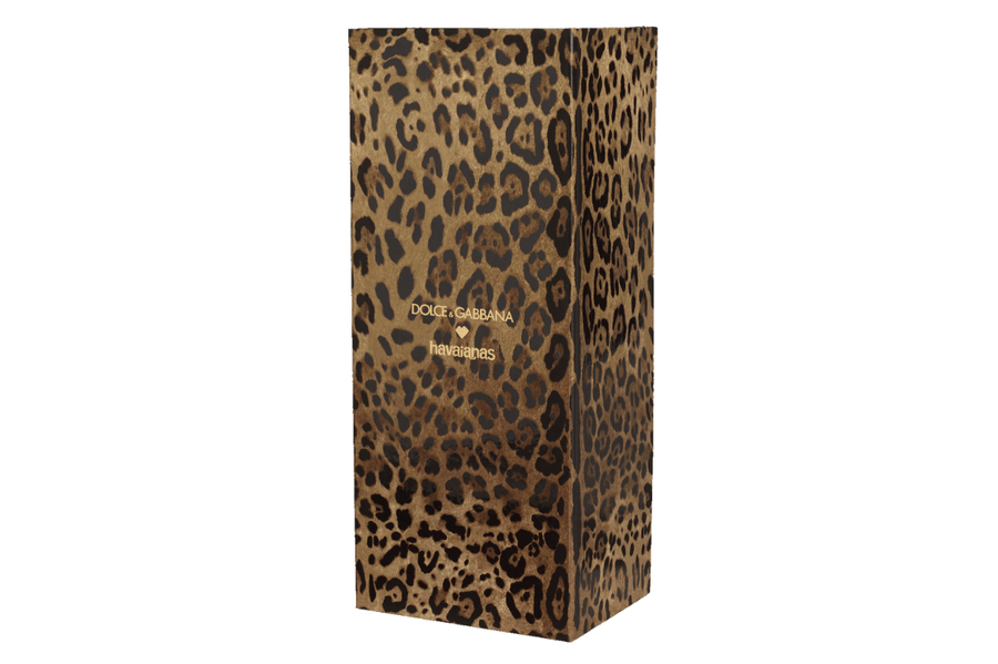 Vista na caixa Chinelo Havaianas Top Dolce & Gabbana Faux Fur Leopardo Marrom