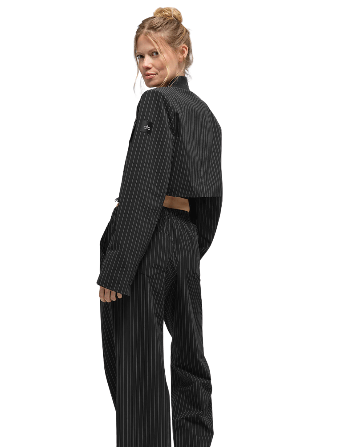 Jaqueta Alo Yoga Cropped Pinstripe Main Character Full Zip Black/Titanium Preto - Alo Yoga - w4706r - 1