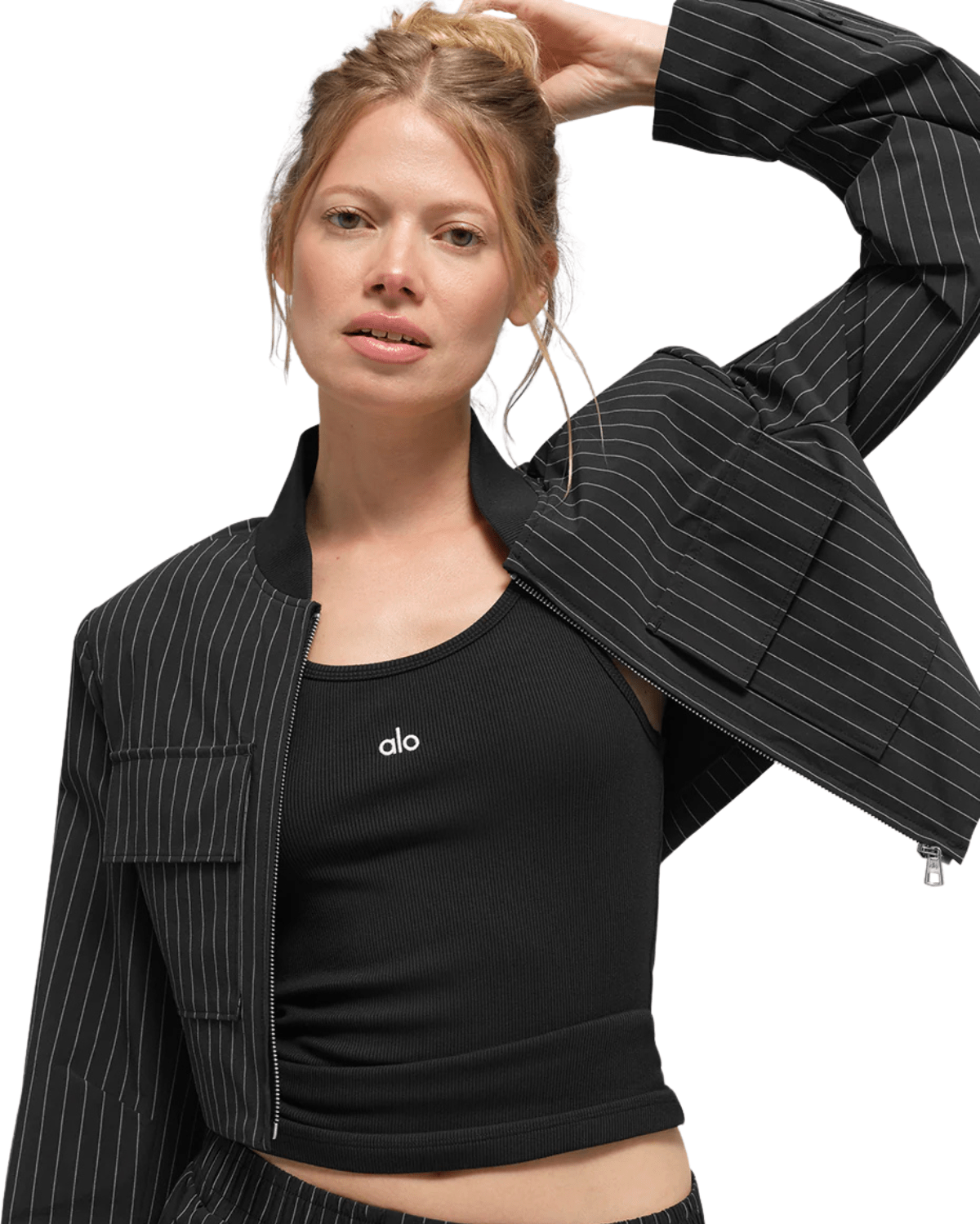 Jaqueta Alo Yoga Cropped Pinstripe Main Character Full Zip Black/Titanium Preto - Alo Yoga - w4706r - 1