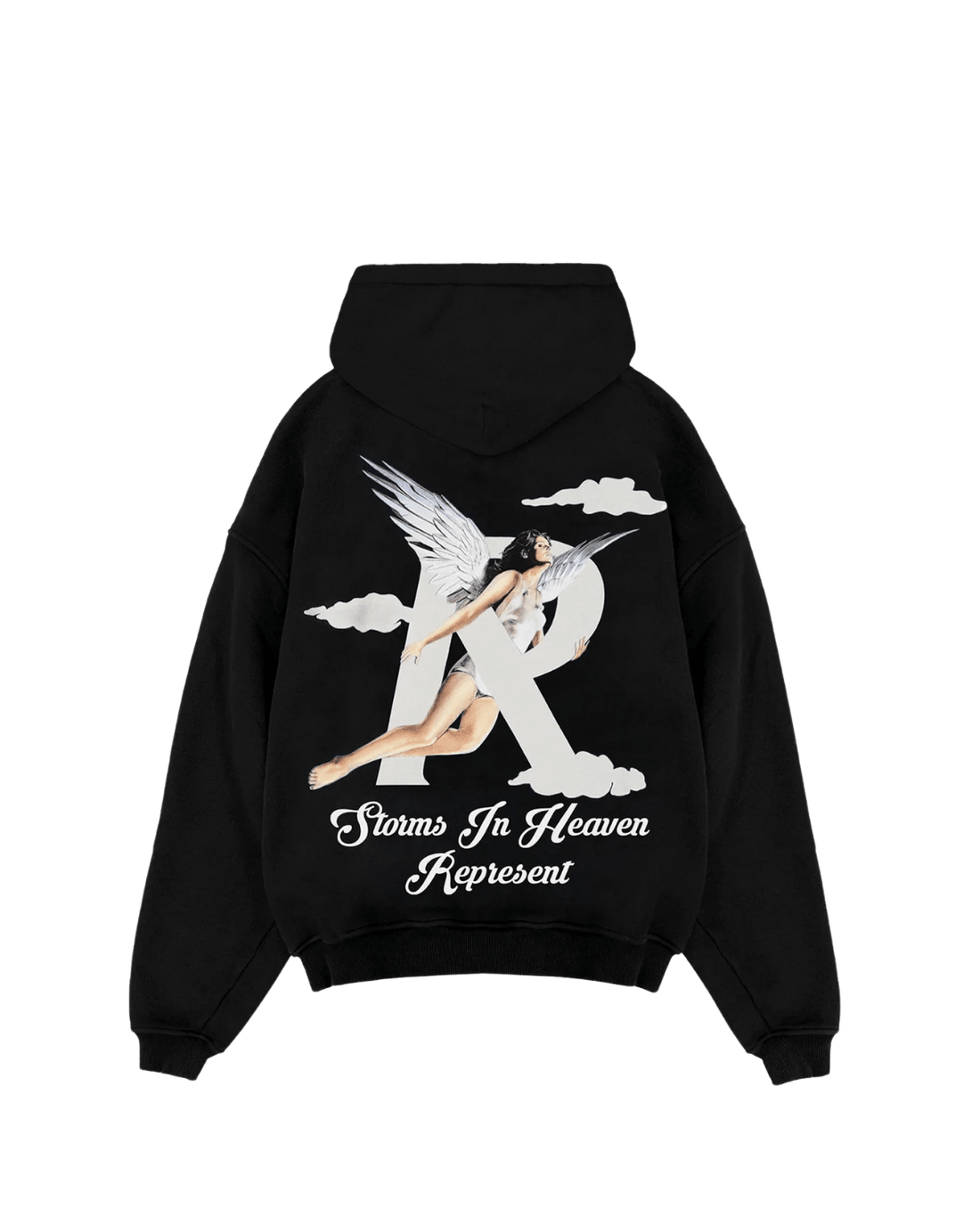 Moletom Represent Clo Storms in Heaven Black Preto com anjo e texto.