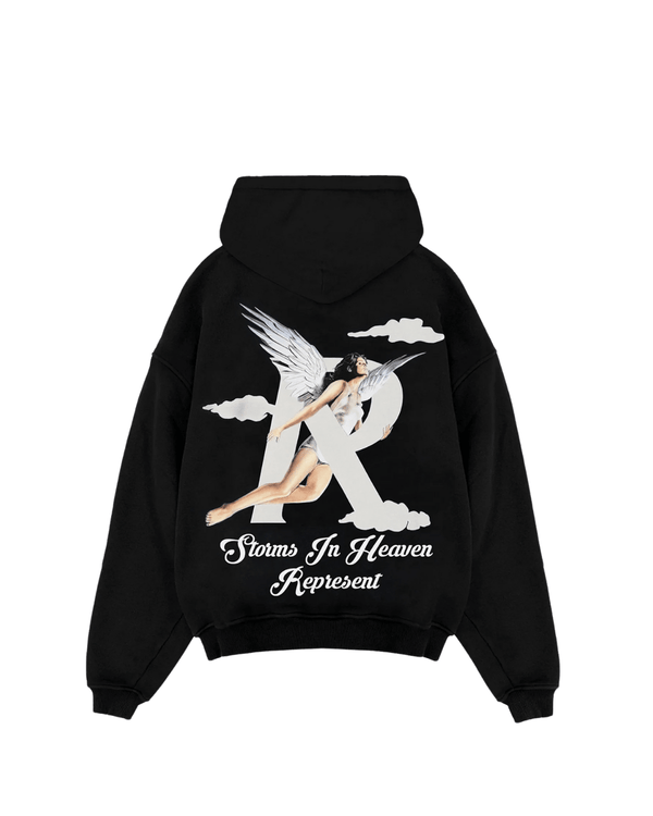 Moletom Represent Clo Storms in Heaven Black Preto com anjo e texto.