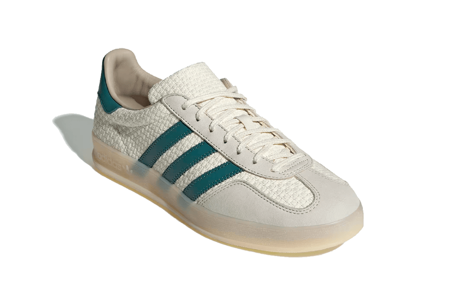 Vista superior do Adidas Adidas Gazelle Indoor Cream White Preloved Teal mostrando abertura, lingueta e cadarços