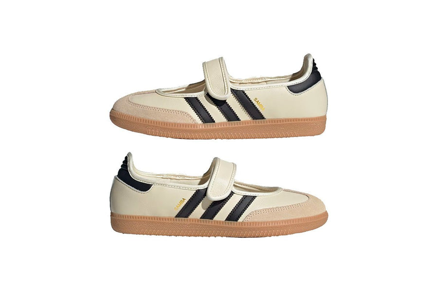 Vista em detalhe do Adidas Adidas Samba Jane Cream Black Gum mostrando textura do material e acabamento