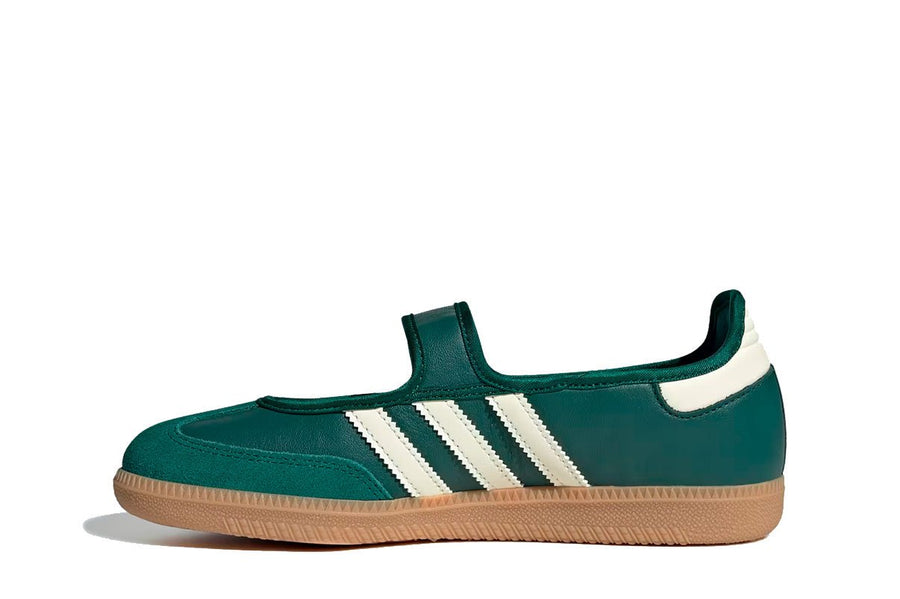 Vista lateral do Adidas Adidas Samba Jane Green White Gum mostrando design do cabedal e logo da marca