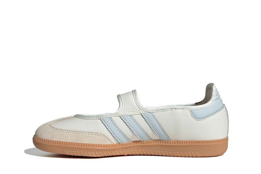 Vista lateral do Adidas Adidas Samba Jane White Blue Gum mostrando design do cabedal e logo da marca