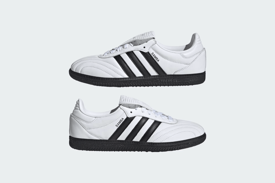 Vista na caixa do Adidas Adidas Samba LT Cloud White Core Black Black Sole mostrando embalagem original da marca
