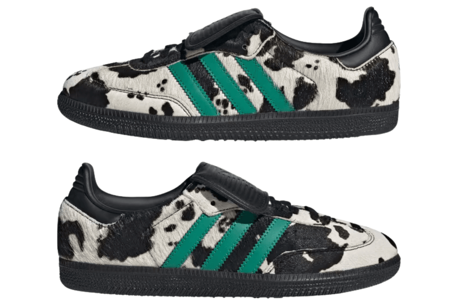Vista em detalhe do Adidas Adidas Samba LT Cow Print Black White mostrando textura do material e acabamento