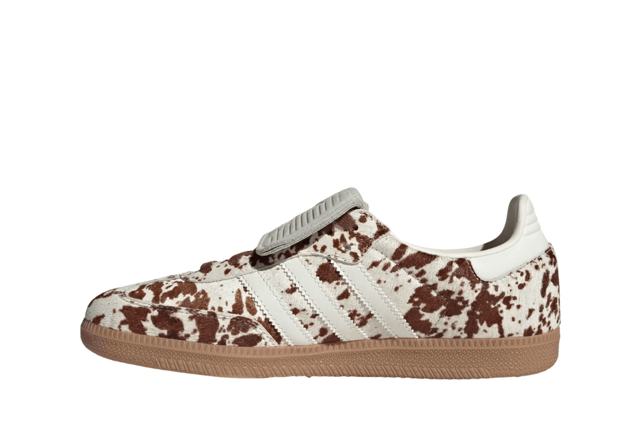 Vista lateral do Adidas Adidas Samba LT Cow Print Brown White mostrando design do cabedal e logo da marca