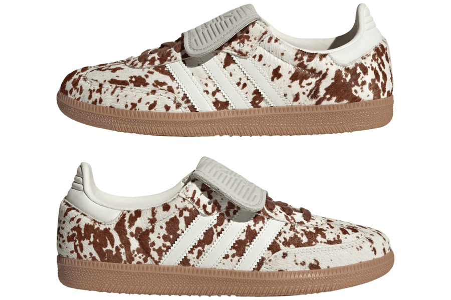 Vista na caixa do Adidas Adidas Samba LT Cow Print Brown White mostrando embalagem original da marca
