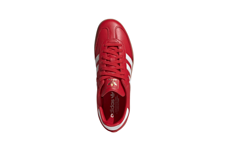 Vista traseira do Adidas Adidas Samba OG Better Scarlet White mostrando calcanheira e detalhes do solado