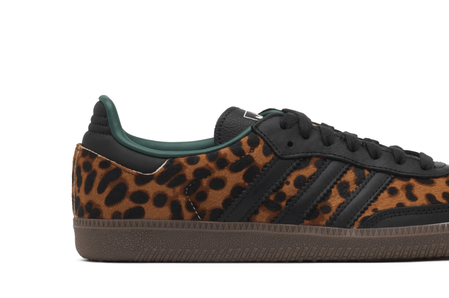 Vista frontal do Adidas adidas Samba Og Collegiate Green Leopard mostrando biqueira e costuras
