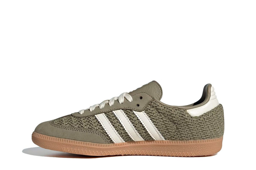 Vista lateral do Adidas Adidas Samba OG Crochet Pack Orbit Green mostrando design do cabedal e logo da marca