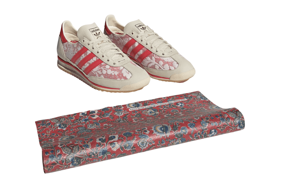 Vista na caixa do Adidas Adidas SL 72 OG Liberty London Better Scarlet mostrando embalagem original da marca