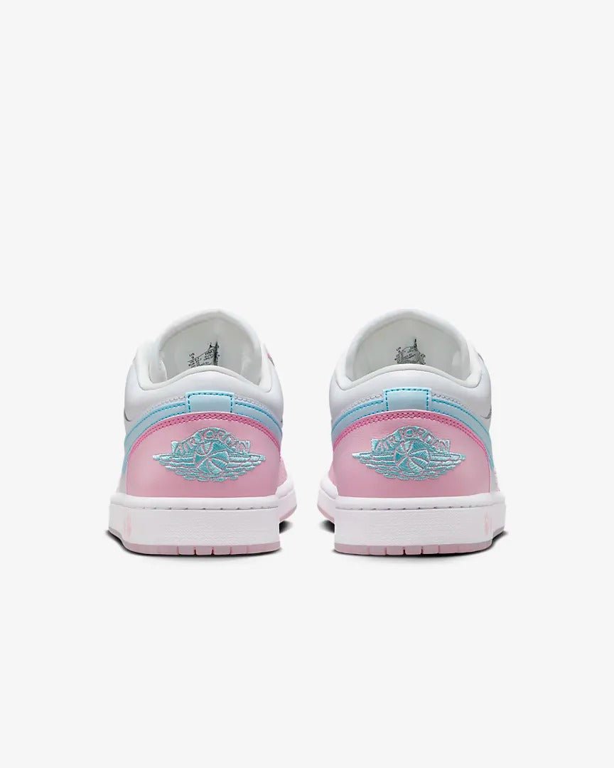 Vista frontal do Jordan Nike Air Jordan 1 Low Se Paw Print Pink Foam mostrando biqueira e costuras