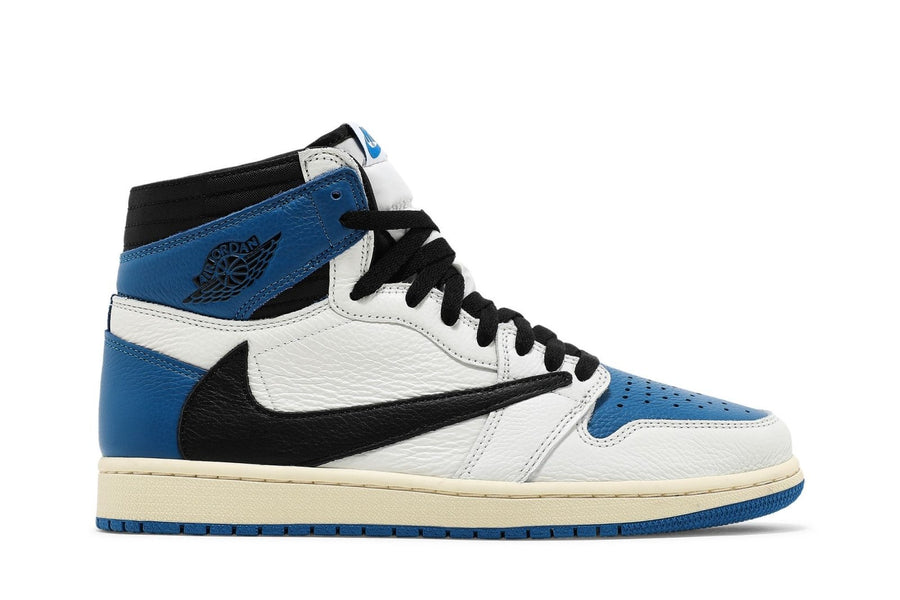 Jordan Nike Air Jordan 1 Retro High Fragment Design x Travis Scott Couro Branco tênis em azul original na LK Sneakers