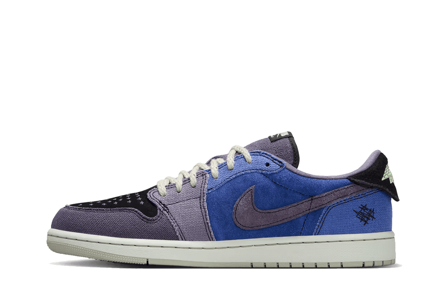 Vista lateral do Jordan Nike Air Jordan 1 Retro Low OG Zion Williamson Voodoo Alternate mostrando design do cabedal e logo da marca