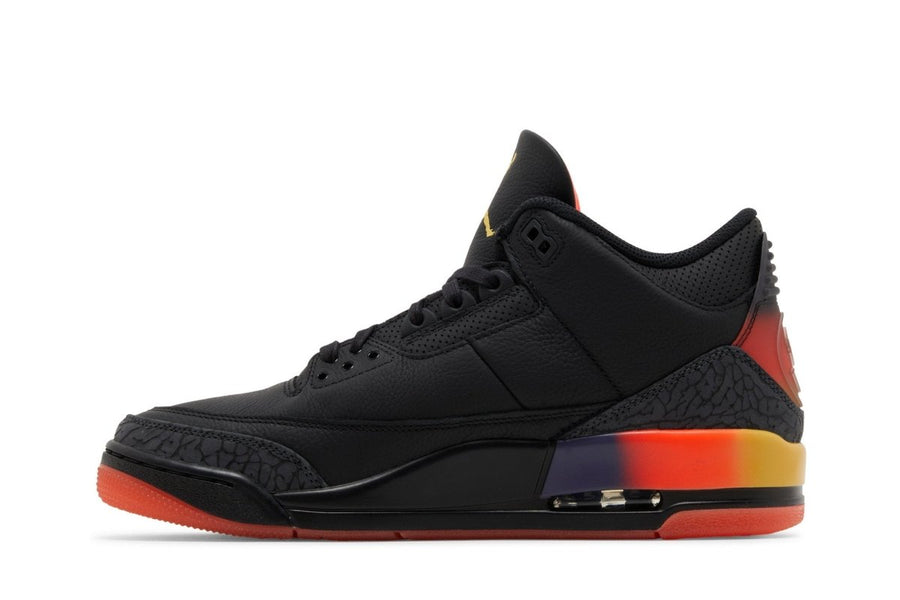 Vista lateral do Jordan Nike Air Jordan 3 Retro x J Balvin "Rio" mostrando design do cabedal e logo da marca