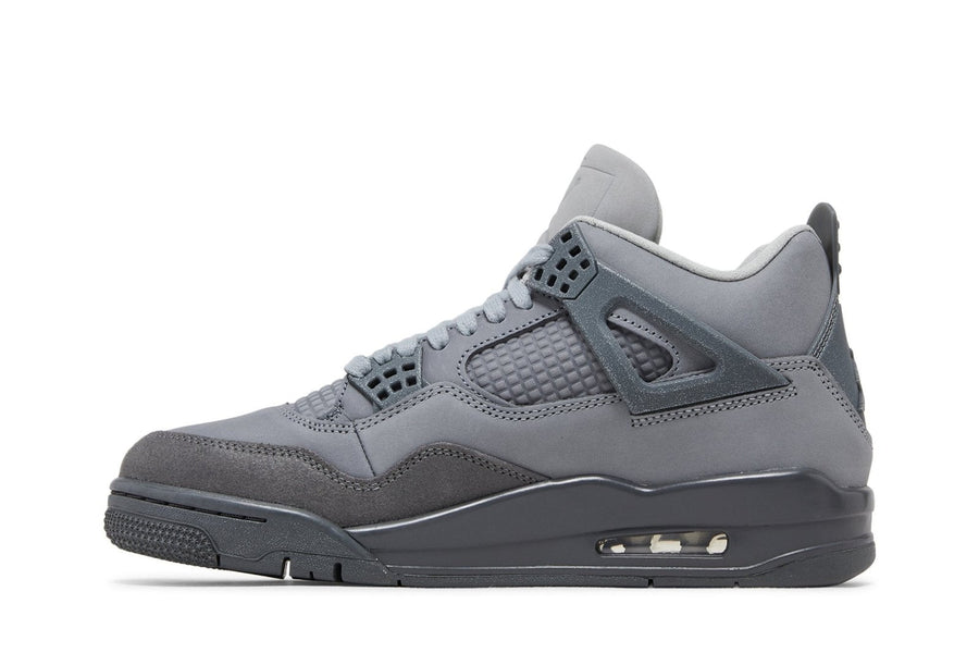 Vista lateral do Jordan Nike Air Jordan 4 Retro SE Paris We Cement mostrando design do cabedal e logo da marca