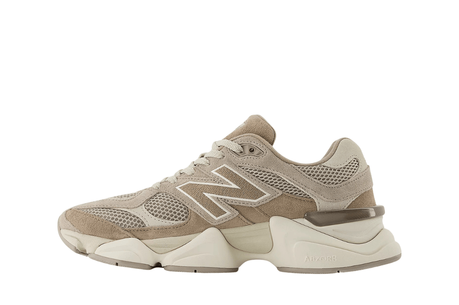Vista lateral do New Balance New Balance 9060 Mushroom Arid Stone mostrando design do cabedal e logo da marca