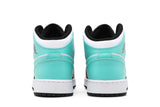 Vista frontal do Jordan Nike Air Jordan 1 Mid Tropical Twist Igloo (GS) mostrando biqueira e costuras