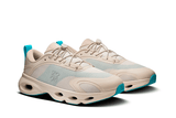 Vista em detalhe do On Running x Loewe On Running Cloudsolo Loewe Sand Turquoise mostrando textura do material e acabamento