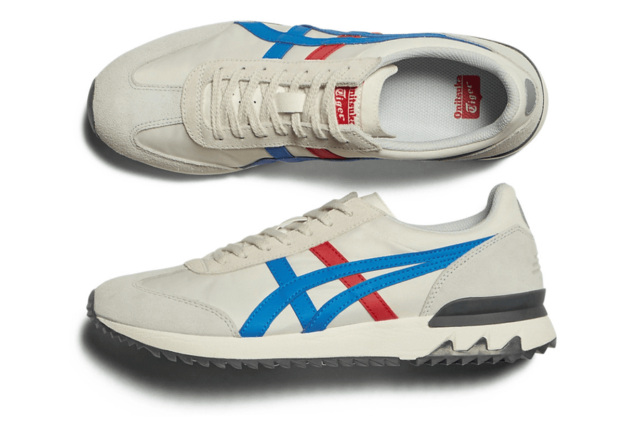 Vista frontal do Onitsuka Tiger Onitsuka Tiger California 78 EX Monument Cream/Directoire Blue Off White mostrando biqueira e costuras