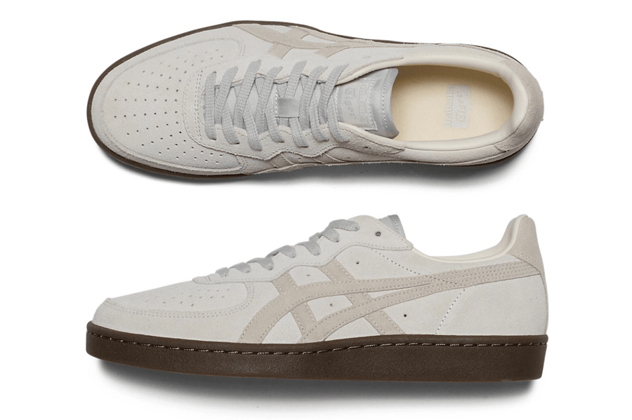 Vista em detalhe do Onitsuka Tiger Onitsuka Tiger GSM Glacier Grey White mostrando textura do material e acabamento