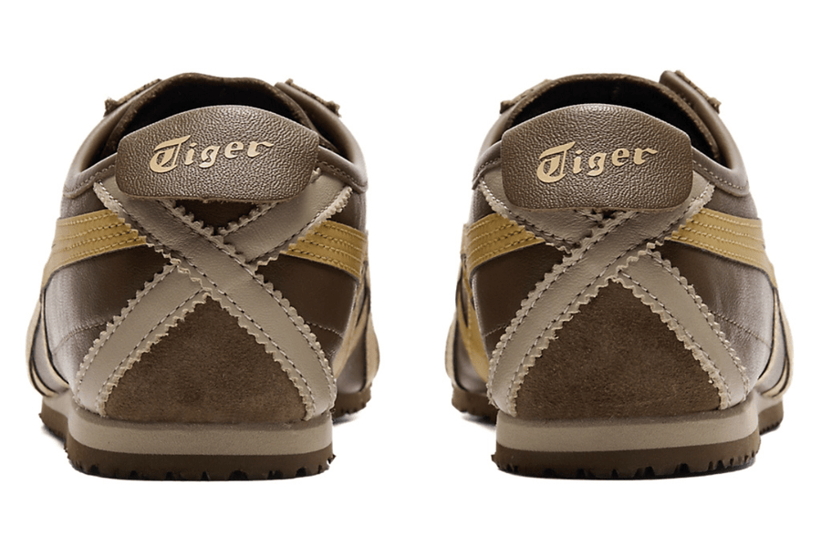 Vista em detalhe do Onitsuka Tiger Onitsuka Tiger Mexico 66 Clay Canyon/Paper Bag mostrando textura do material e acabamento