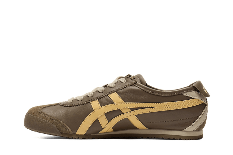 Vista lateral do Onitsuka Tiger Onitsuka Tiger Mexico 66 Clay Canyon/Paper Bag mostrando design do cabedal e logo da marca