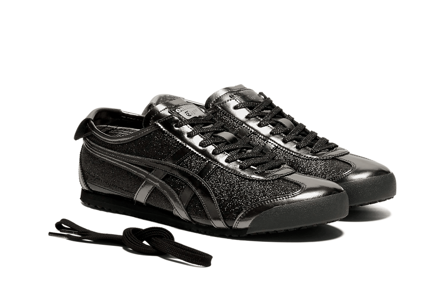 Vista frontal do Onitsuka Tiger Onitsuka Tiger Mexico 66 Glitter Pack Black Gunmetal mostrando biqueira e costuras