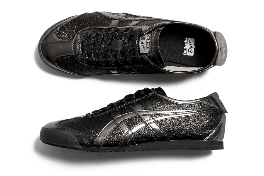 Vista superior do Onitsuka Tiger Onitsuka Tiger Mexico 66 Glitter Pack Black Gunmetal mostrando abertura, lingueta e cadarços