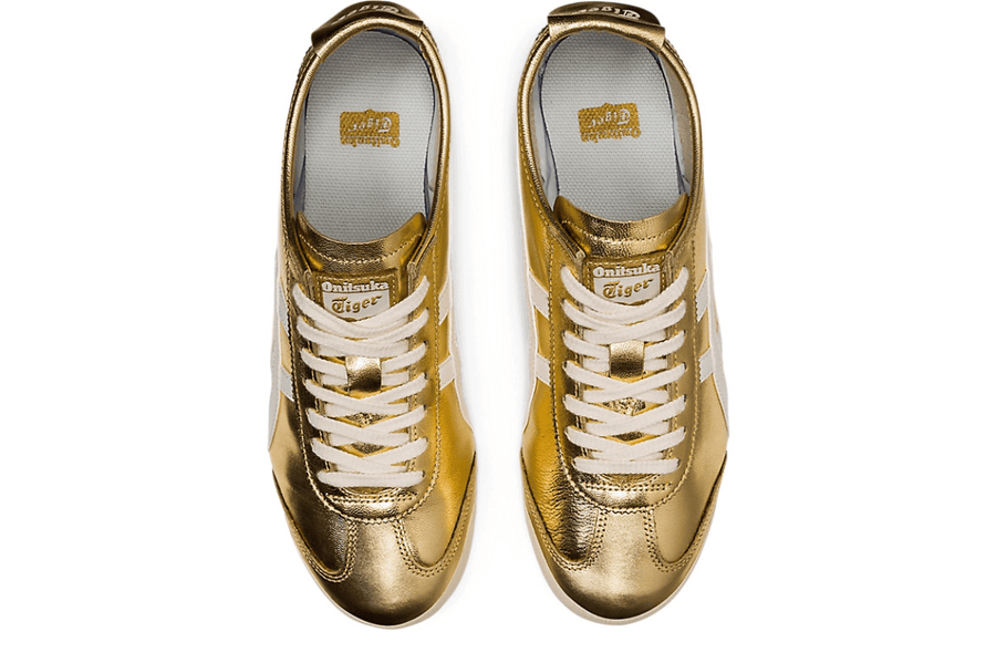 Vista superior do Onitsuka Tiger Onitsuka Tiger Mexico 66 Gold White Dourado mostrando abertura, lingueta e cadarços