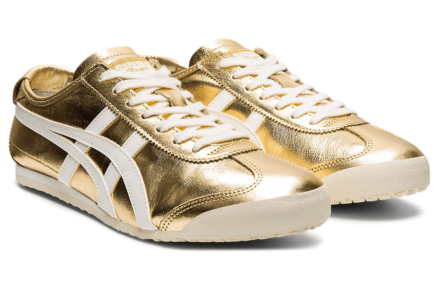 Vista do solado do Onitsuka Tiger Onitsuka Tiger Mexico 66 Gold White Dourado mostrando padrão de tração e tecnologia de amortecimento