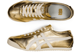 Vista lateral do Onitsuka Tiger Onitsuka Tiger Mexico 66 Gold White Dourado mostrando design do cabedal e logo da marca