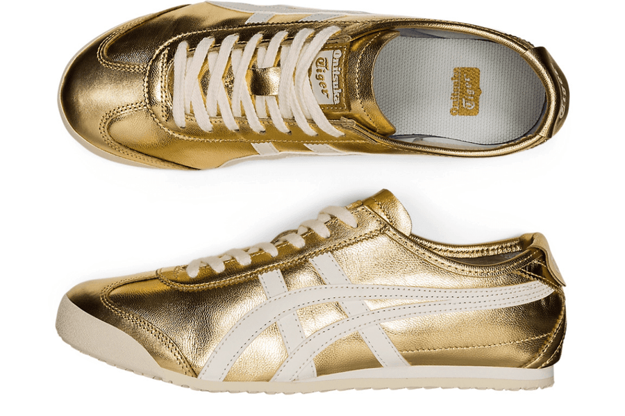 Vista lateral do Onitsuka Tiger Onitsuka Tiger Mexico 66 Gold White Dourado mostrando design do cabedal e logo da marca