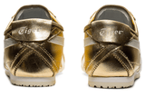 Vista traseira do Onitsuka Tiger Onitsuka Tiger Mexico 66 Gold White Dourado mostrando calcanheira e detalhes do solado