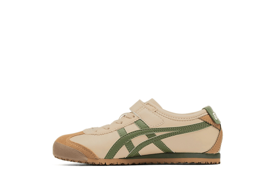 Vista lateral do Onitsuka Tiger Onitsuka Tiger Mexico 66 Kids Beige Grass/Green mostrando design do cabedal e logo da marca