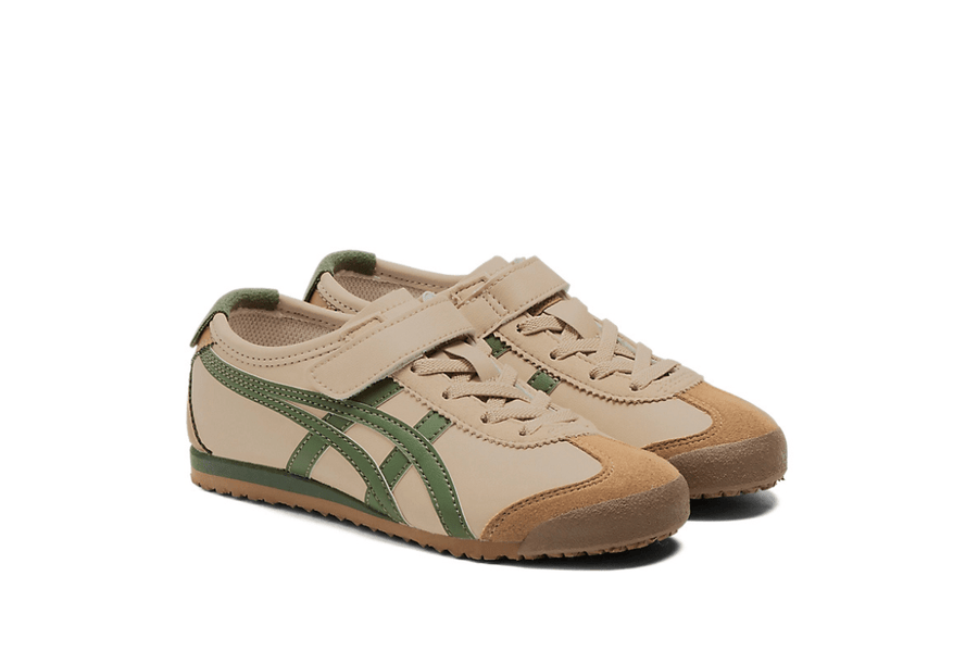Vista traseira do Onitsuka Tiger Onitsuka Tiger Mexico 66 Kids Beige Grass/Green mostrando calcanheira e detalhes do solado
