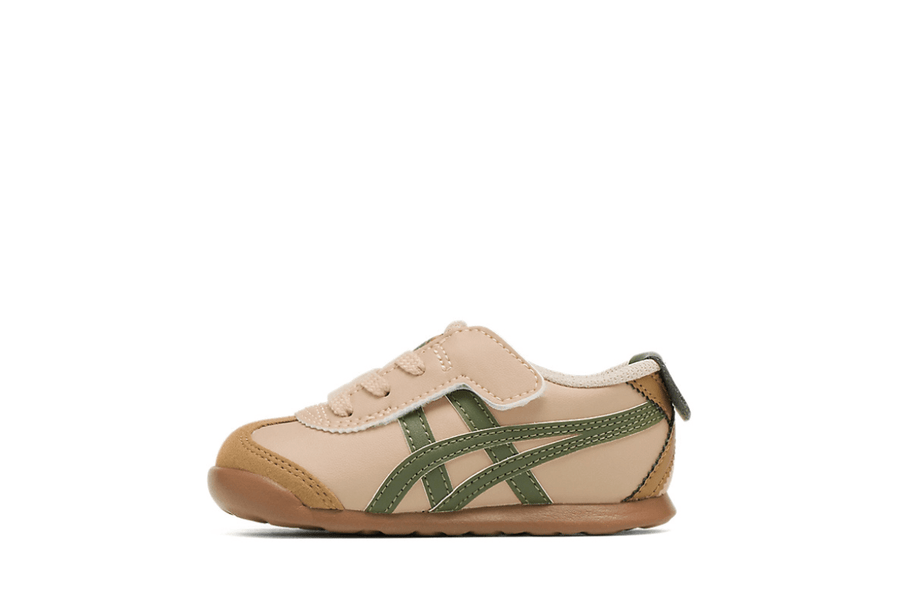 Vista lateral do Onitsuka Tiger Onitsuka Tiger Mexico 66 Kids Beige/Green mostrando design do cabedal e logo da marca