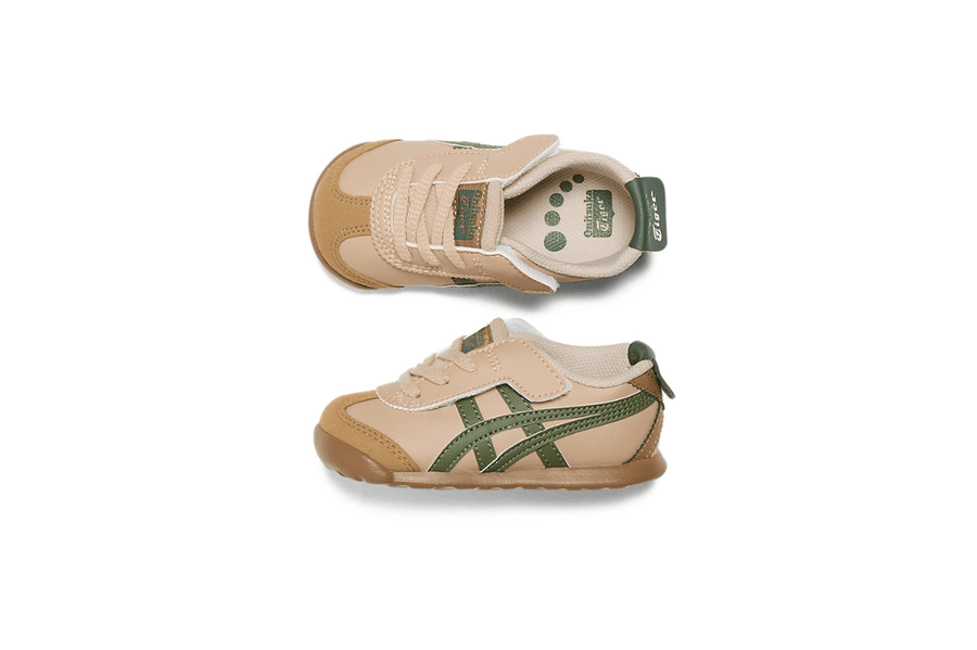 Vista na caixa do Onitsuka Tiger Onitsuka Tiger Mexico 66 Kids Beige/Green mostrando embalagem original da marca
