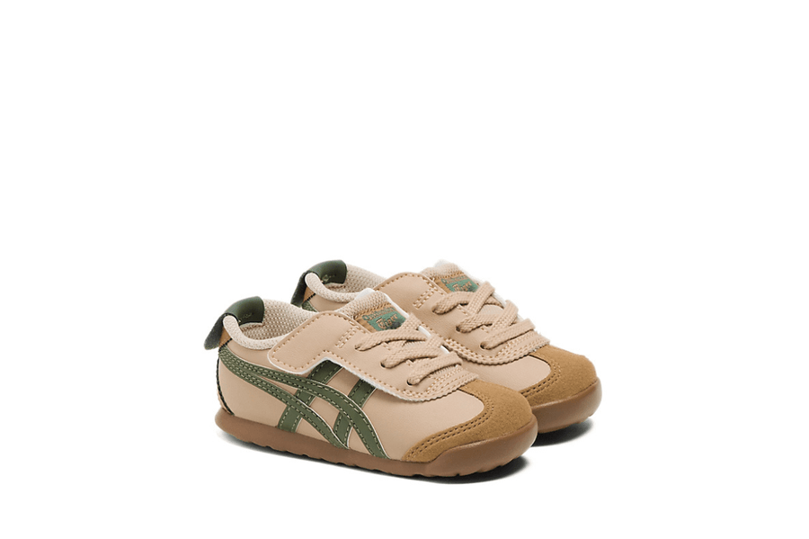 Vista traseira do Onitsuka Tiger Onitsuka Tiger Mexico 66 Kids Beige/Green mostrando calcanheira e detalhes do solado