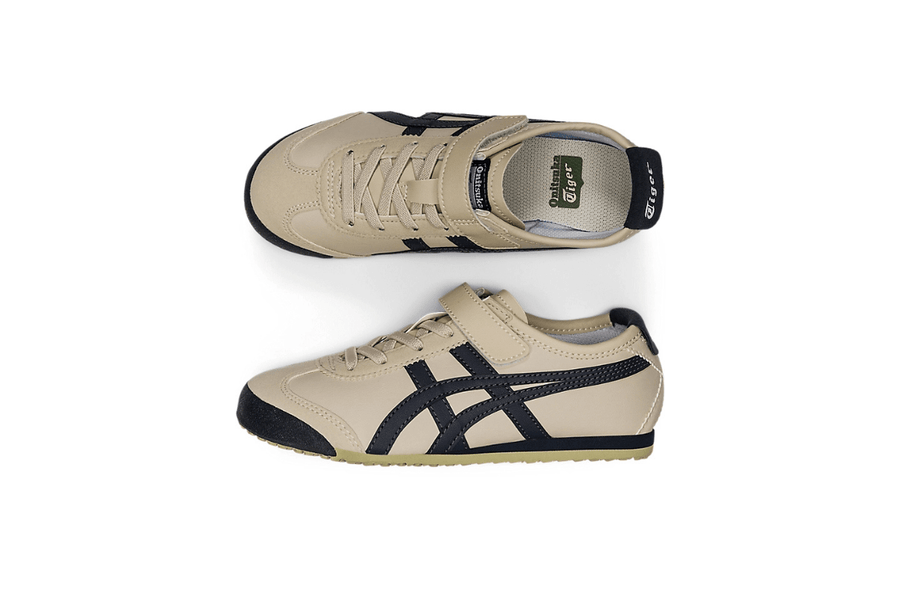 Vista em detalhe do Onitsuka Tiger Onitsuka Tiger Mexico 66 Kids Birch/Indian INK mostrando textura do material e acabamento